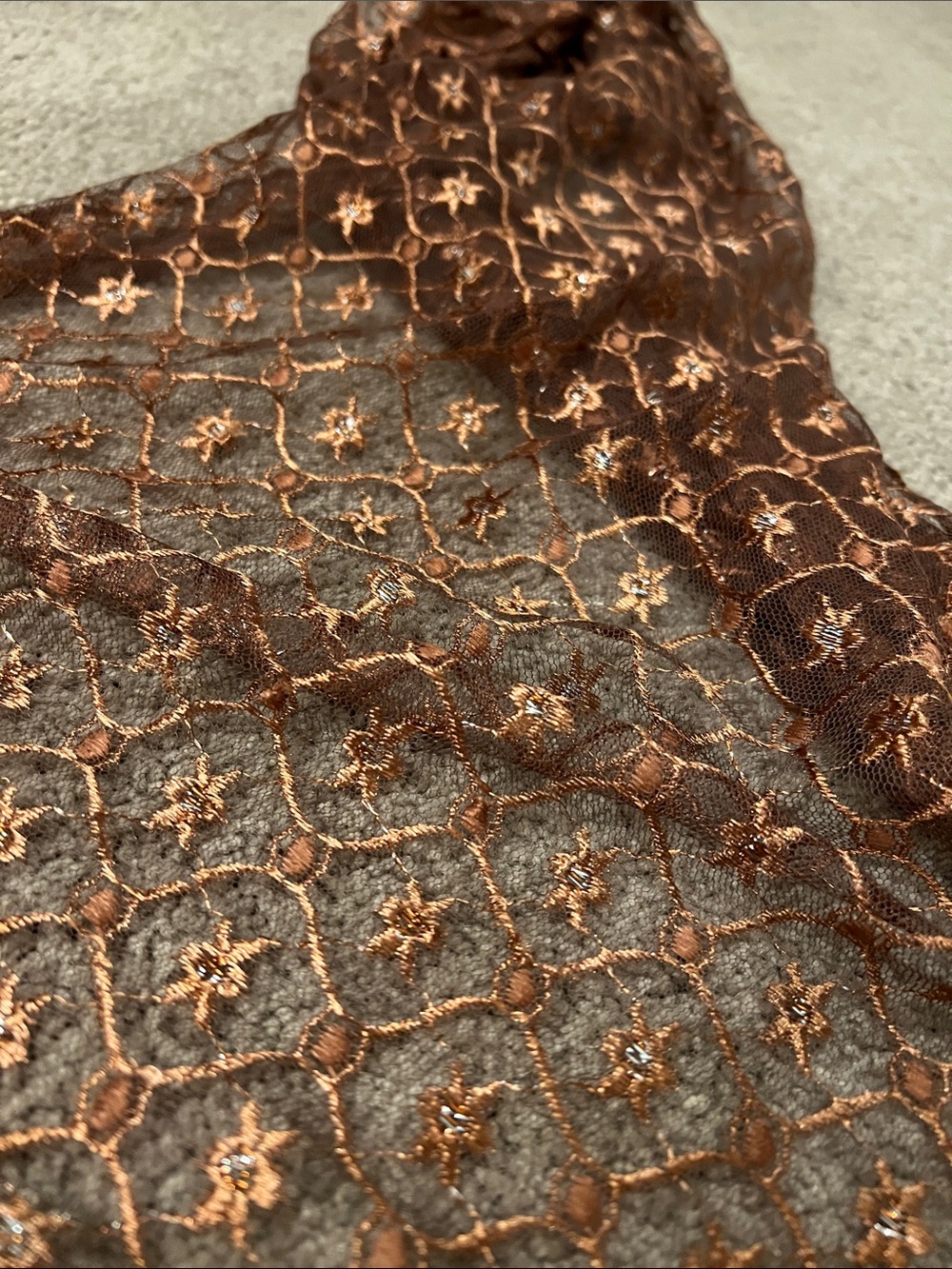 🛍️ BUNDLE SPECIAL (all scarves 3/$30) 
Brown/Copper Embroidered Lace Scarf - Picture 3 of 4